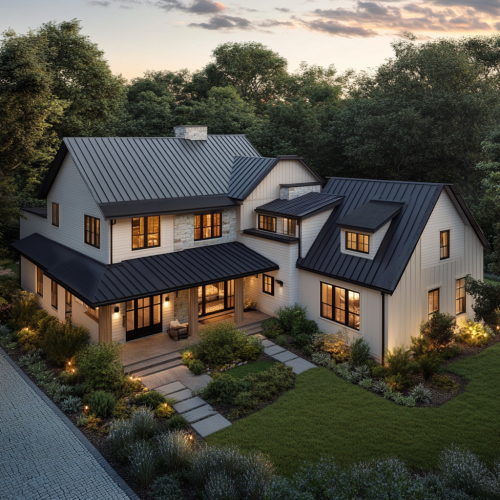 Aerial View of Modern Farmhouse with Mixed Siding