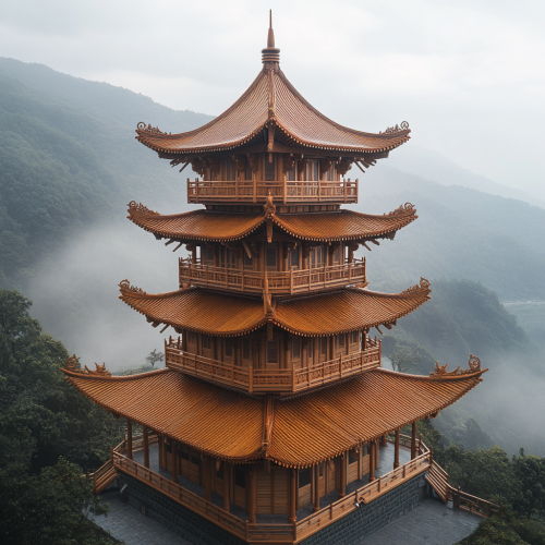 Aerial view of Taiwanese pagoda on overcast day