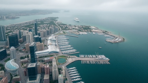 Aerial view of a fantasy harbor city.