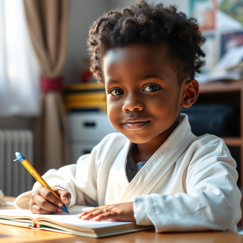 African American Child Mastering Martial Arts Homework