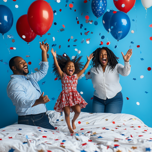 African American family jumping on bed, laughing together.