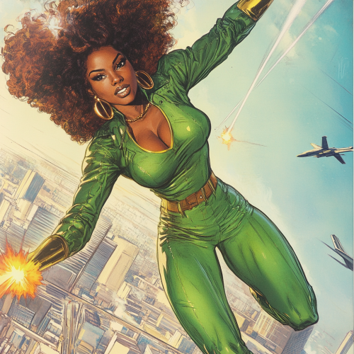 African American superhero flying with superpowers in comic
