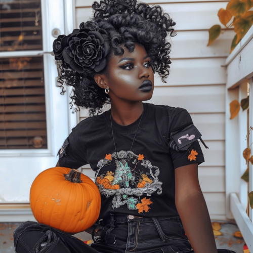 African-American woman with gray ringlet curls and pumpkin.