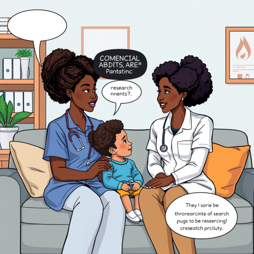 African Mom, Child, Nurse Discussing Study on Sofa