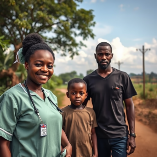 African Nurse, Son, and Husband on Village Road