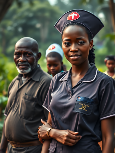 African Nurse with Family in Village Setting