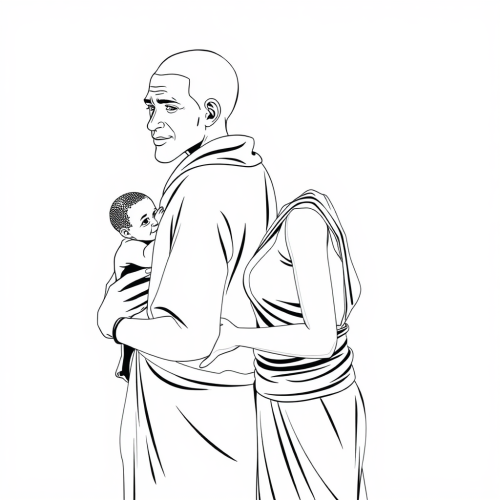 African Parents With Baby: Monoline Outline Drawing