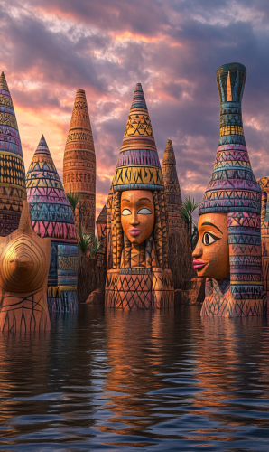 African Sunset with Ancient-inspired Inflatable Landmarks