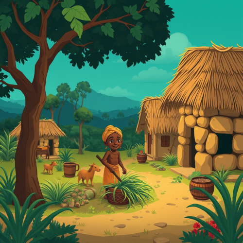 African Village Cartoon with Farming Scene