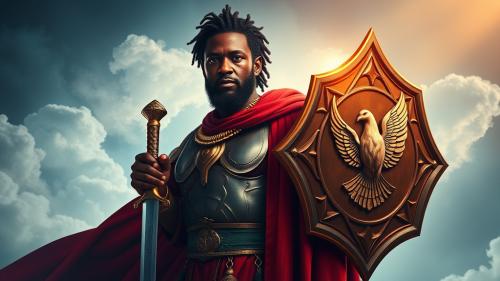 African Warrior in Heavenly Armor with Dove Shield