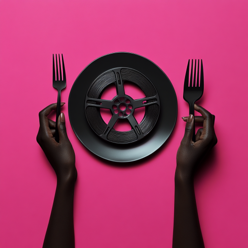African hands with cutlery on film reel plate