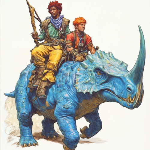 African man and Irish man riding blue dinosaur adventure.