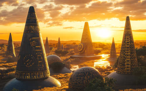 African sunset with ancient structures and vibrant patterns
