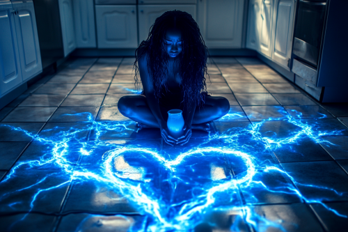 African woman cries milk on heart-shaped kitchen floor