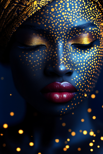 African woman in tribal patterns surrounded by gold dots.