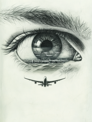 Airport view through man's eye sketch cover