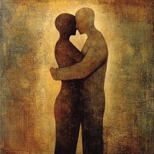 Album cover: Figures connecting in a supportive moment. Warm colors. Album cover: Figures connecting in a supportive moment. Warm colors.
