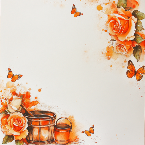 Alcohol ink border with roses, well, butterflies stationery.