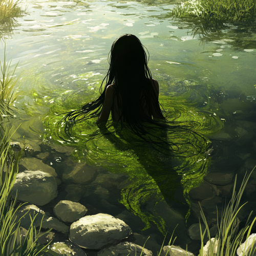 Algae wrap around long-haired woman's legs by lake.