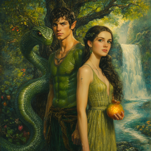 Alien Adam and Eve in Eden with mystical tree