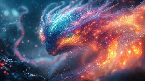 Alien Monster Made of Neon Fibers in Liquid Void