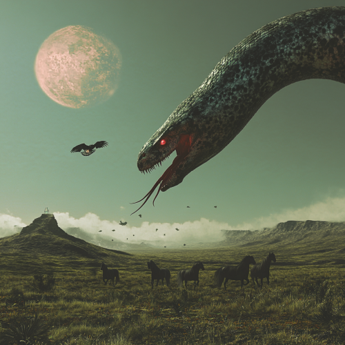 Alien planet with simultaneous sunsets and a giant snake.