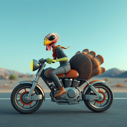 Alien riding turkey like a motorcycle on Thanksgiving.