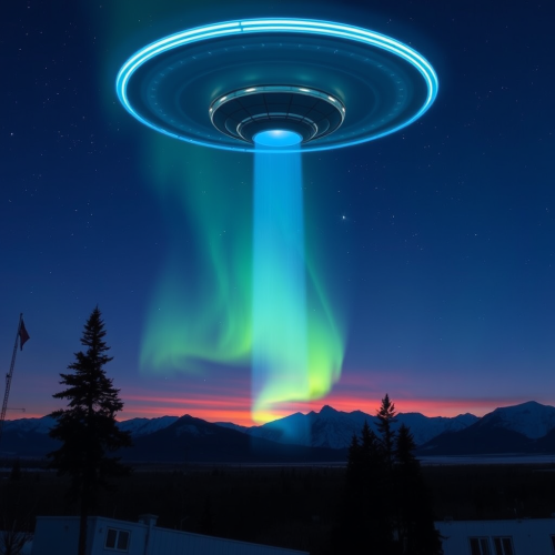 Alien spacecraft flying over Kamchatka Peninsula.
