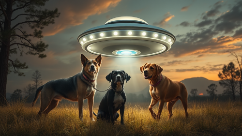 Alien spaceship surrounded by curious dogs