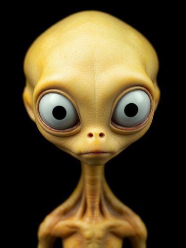 Alien with big eyes, waxy yellow skin.