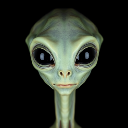 Alien with big eyes staring straight ahead.