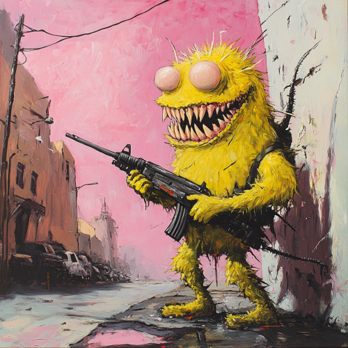 Alien with teeth and machine gun on street corner. Alien with teeth and machine gun on street corner.