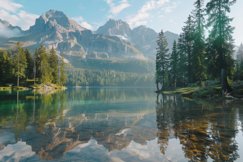 Alpine lake with calm water reflecting pine trees, mountains.