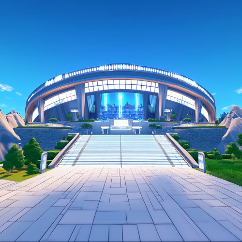 Alt text: Modern stadium entrance with Roman landscaping and lighting. Alt text: Modern stadium entrance with Roman landscaping and lighting.