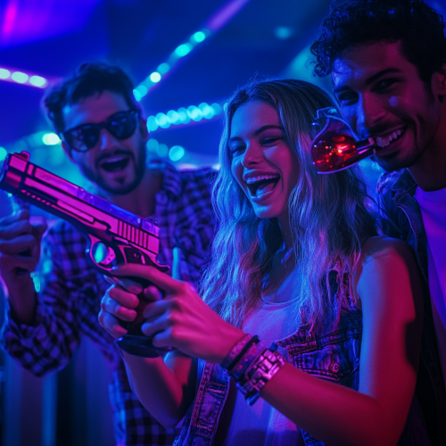 Americans partying with toy gun under blue and purple lights.