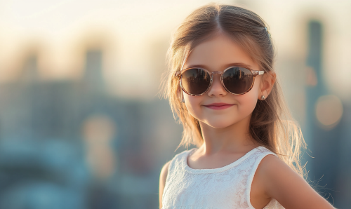 An 8-year-old girl in white dress and sunglasses, with blurred city background, in hyper-realistic photo with natural light. An 8-year-old girl in white dress and sunglasses, with blurred city background, in hyper-realistic photo with natural light.