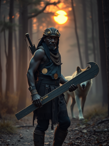 An African warrior holds skates in forest sunset.