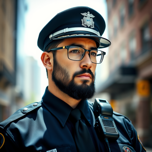 An American police officer in navy blue uniform.