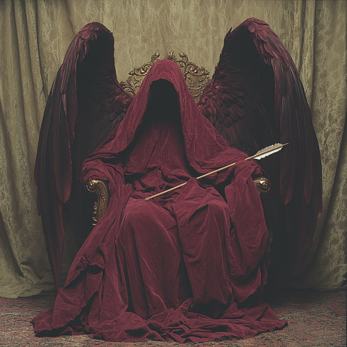 An Angel Sitting on Chair with Wings and Arrow