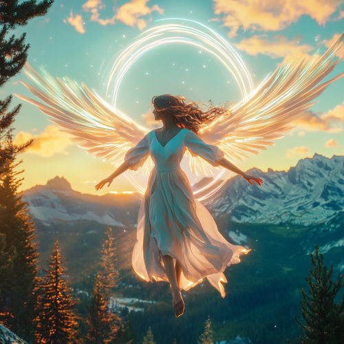 An Angelic Sunset Scene With Mountains and Trees