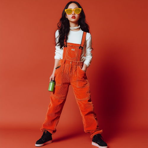 An Asian girl in bright outfit poses