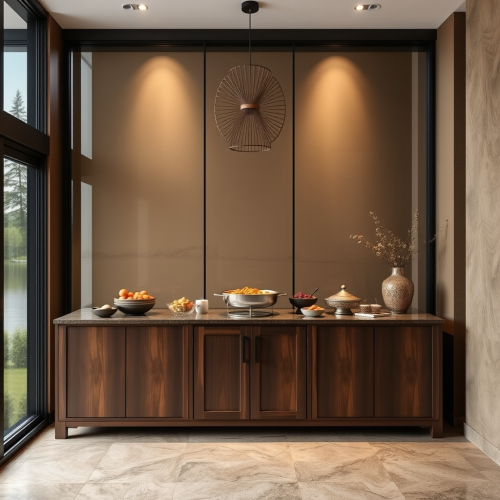 An Earth-Toned Buffet Room Overlooking a Lake