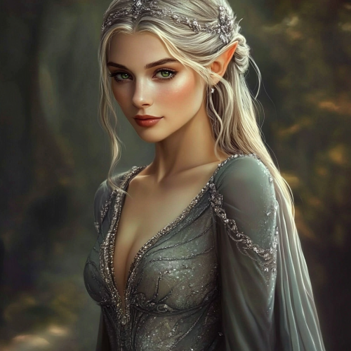 An Elegant High Elf in Dusty Heather Dress