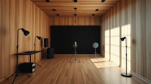 An Empty Modern Podcast Studio with Moody Lighting