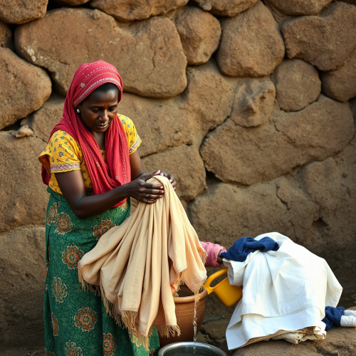 An Ethiopian Woman Cleans Clothes