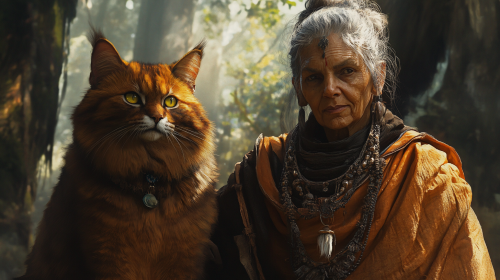 An Indian woman and cat in forest