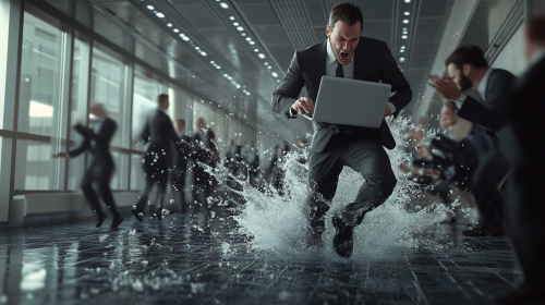 An Office Worker Smashes Laptop in Crowded Corridor