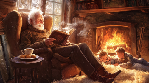 An Old Man Reading a Story by Fireplace