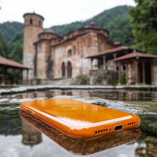 An Orange Smartphone in Front of Sürmene Monastery