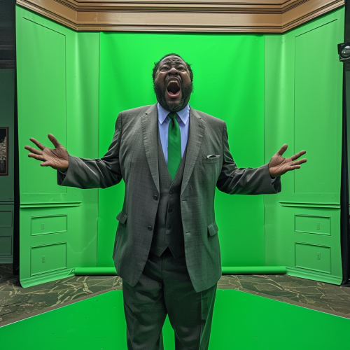An actor yells at green screen in lawyer’s office